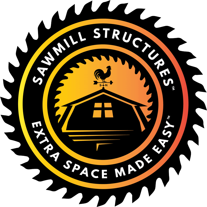 Logo of Sawmill Structures featuring a cabin with a rooster weathervane, highlighting extra space made easy.
