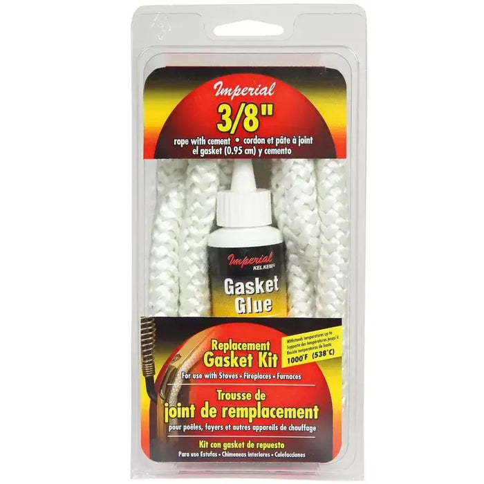 Imperial 3/8" Fiberglass Gasket Kit with adhesive for wood stoves, includes white rope and glue in packaging.