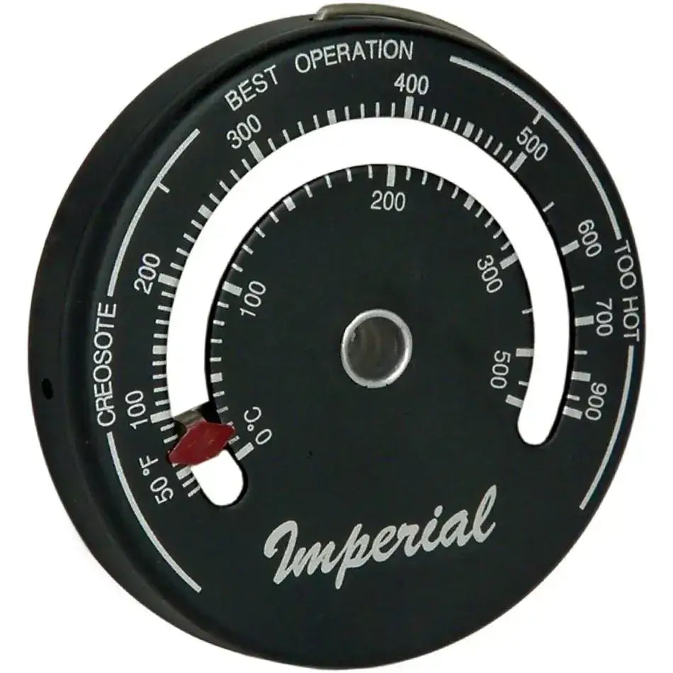 Imperial Magnetic Stove Thermometer for single wall pipes by Cabin Depot, displays temperature with a built-in magnet for easy attachment.