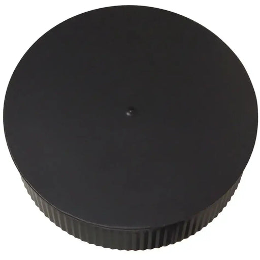 Black matte Imperial 6" crimped end cap for flue pipe, round design.