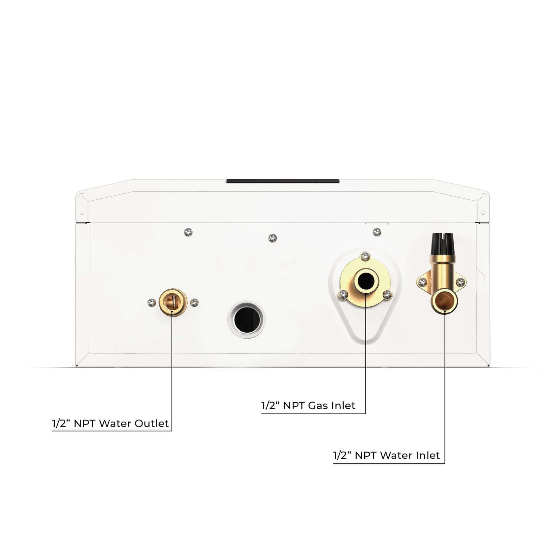 Eccotemp 4.0 GPM SmartHome Propane Water Heater connections, featuring 1/2" NPT water outlet, gas inlet, and water inlet - Cabin Depot