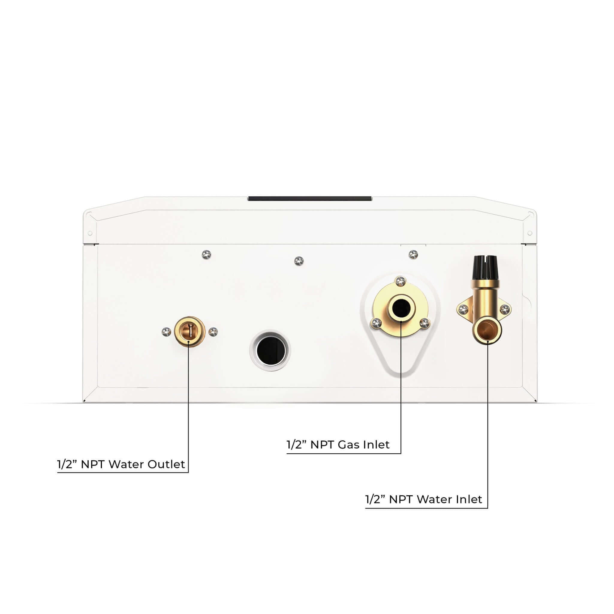 Eccotemp 4.0 GPM SmartHome Propane Water Heater connections, featuring 1/2" NPT water outlet, gas inlet, and water inlet - Cabin Depot