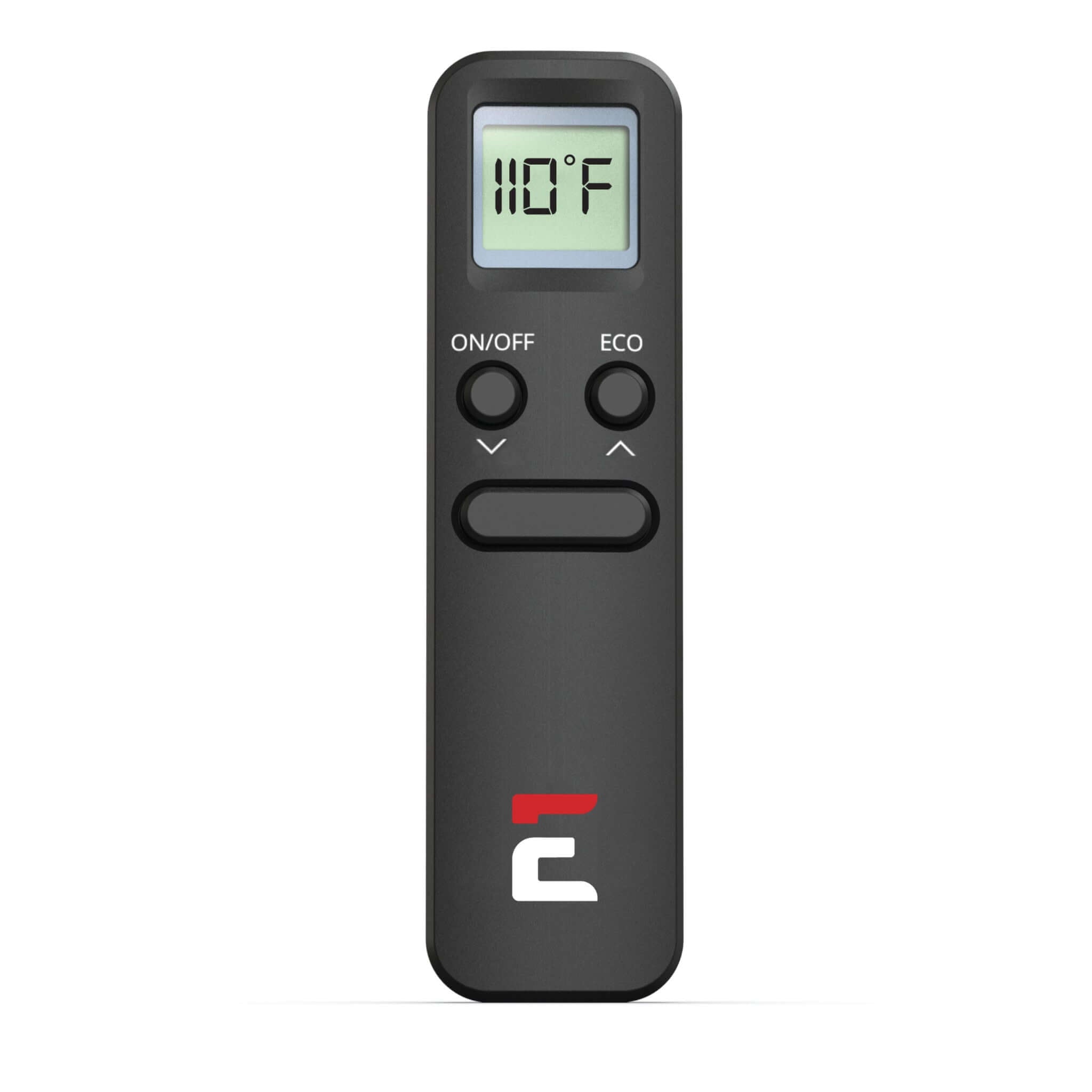 Digital remote control for Eccotemp SmartHome Tankless Water Heater, featured at Cabin Depot, showing 110°F temperature on display.