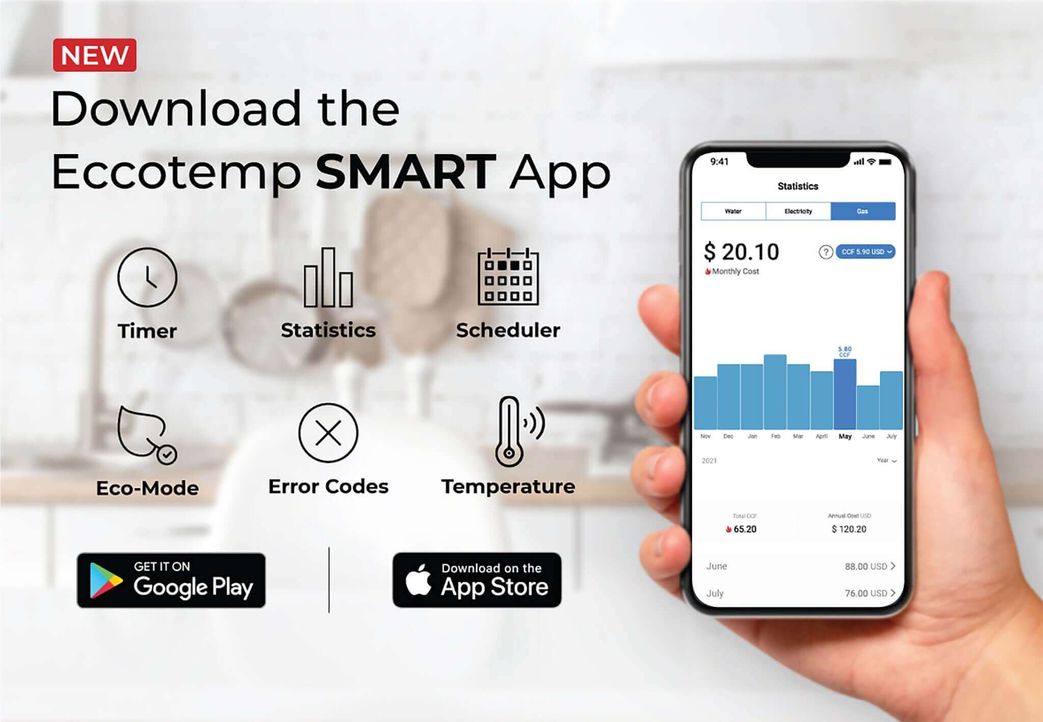 Eccotemp Smart App features for water heater control, displayed on smartphone. Available on Google Play and App Store. Cabin Depot.