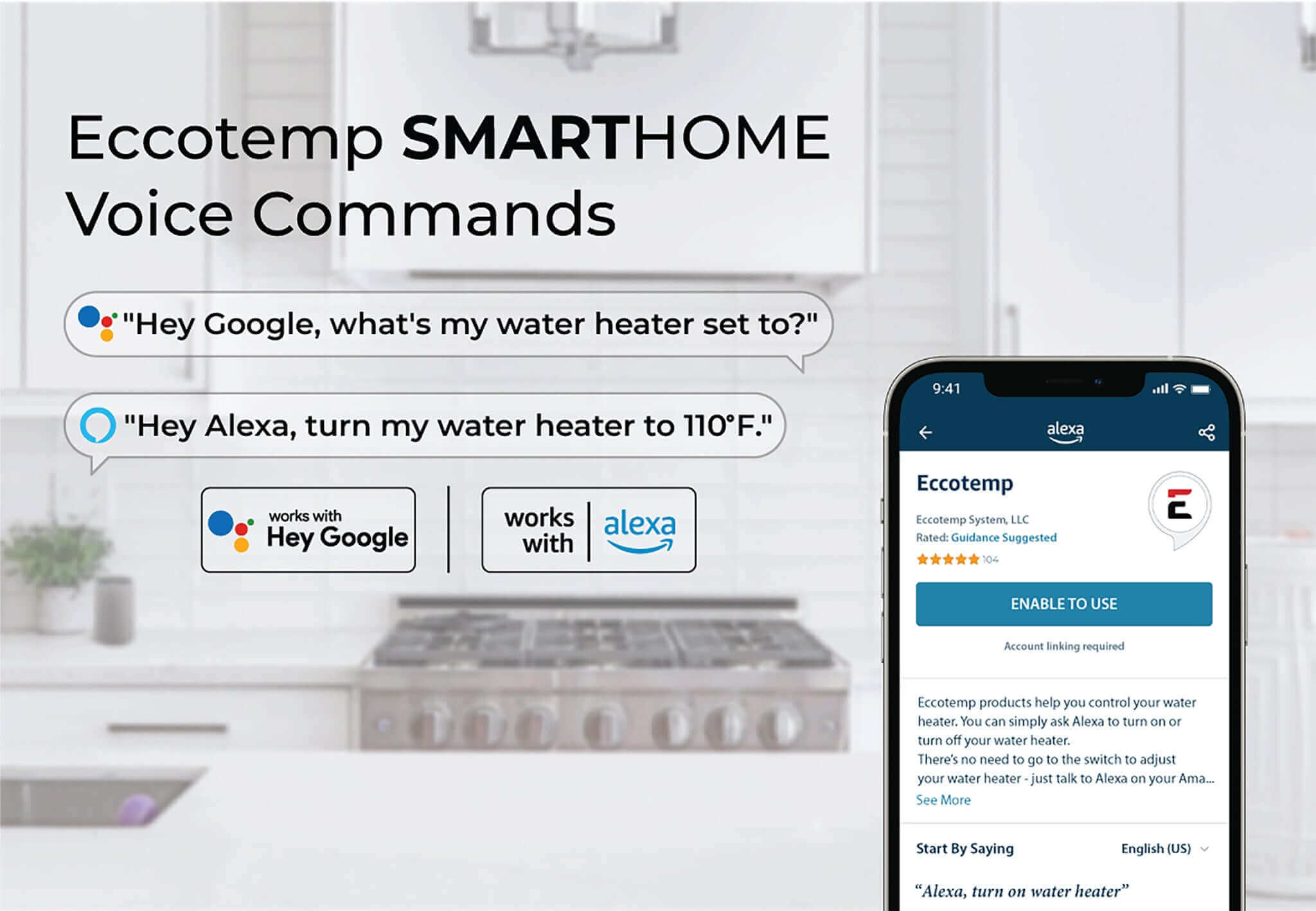 Eccotemp SmartHome voice commands display for water heater control with Google and Alexa on smartphone app, Cabin Depot integration.