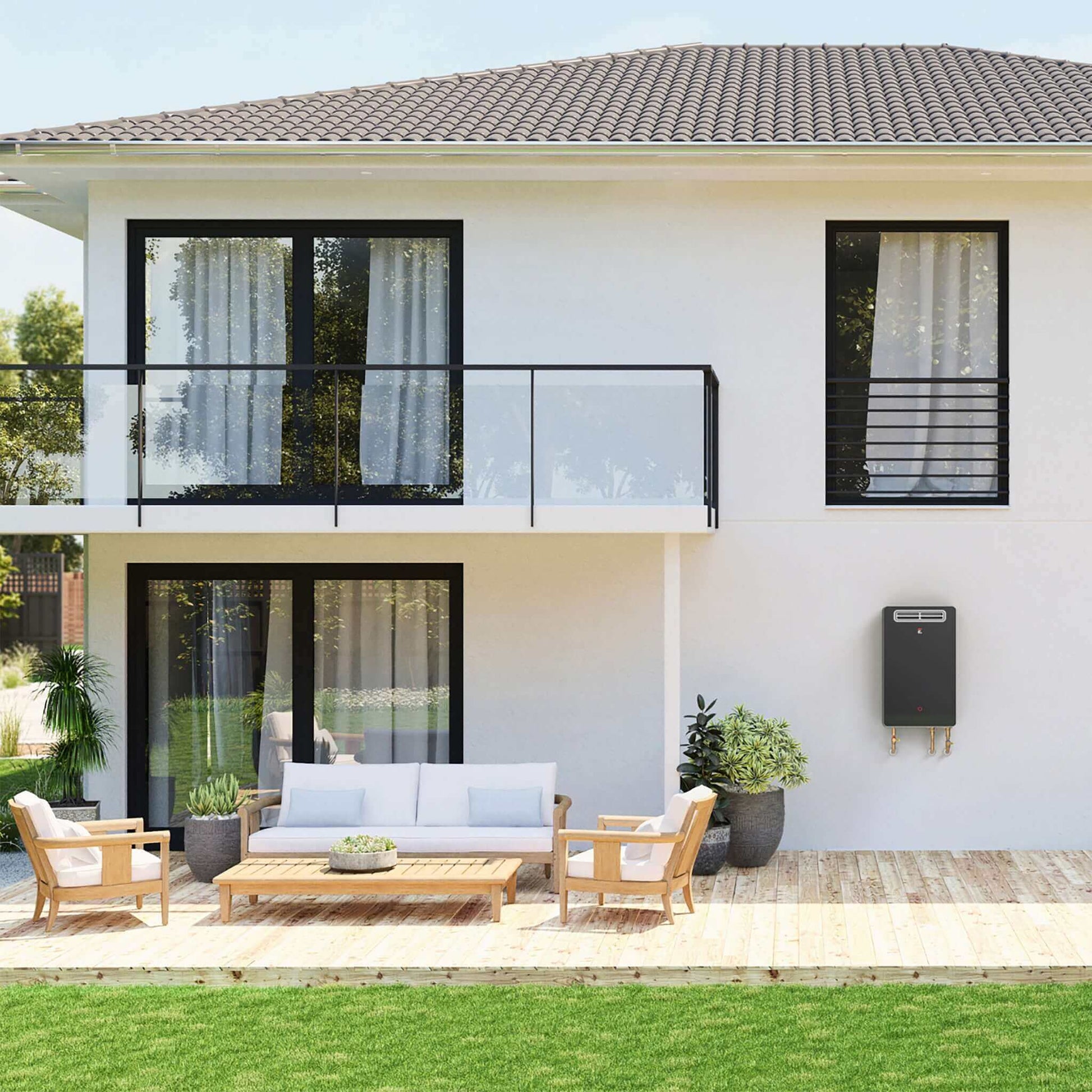 Eccotemp SmartHome 6.8 GPM Outdoor Tankless Water Heater installed on modern house, featured at Cabin Depot