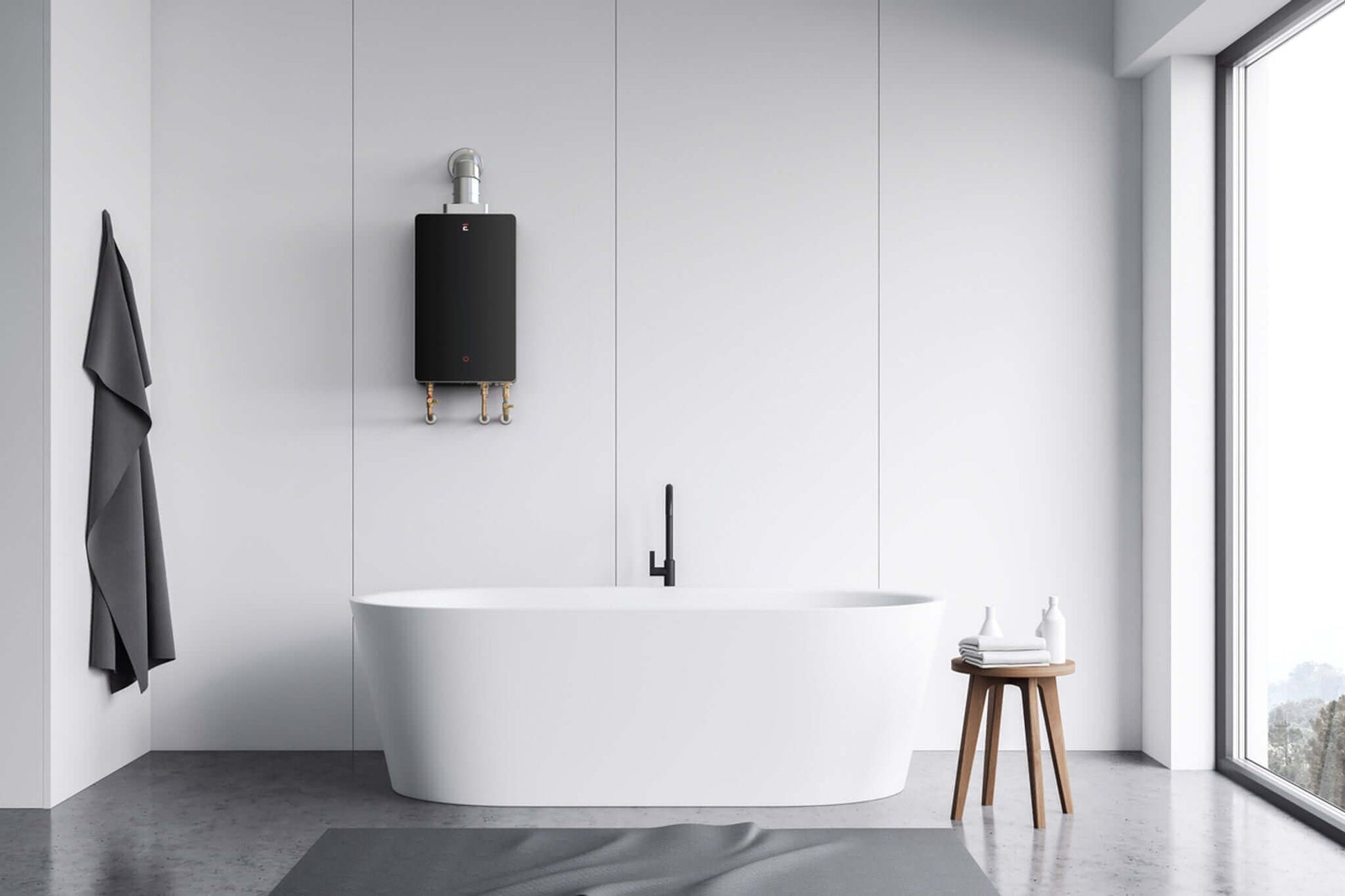 Luxury bathroom with Eccotemp SmartHome 6.8 GPM tankless water heater, available at Cabin Depot, offering energy-efficient hot water solutions.