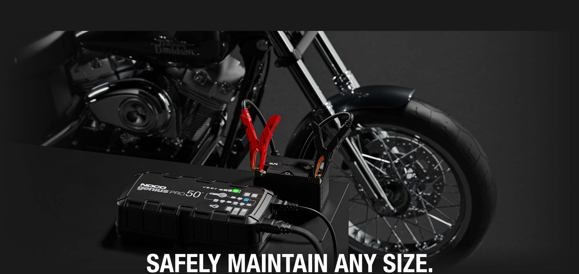 NOCO 50A Pro Battery Charger connected to motorcycle, demonstrating smart charging capabilities for Cabin Depot users.