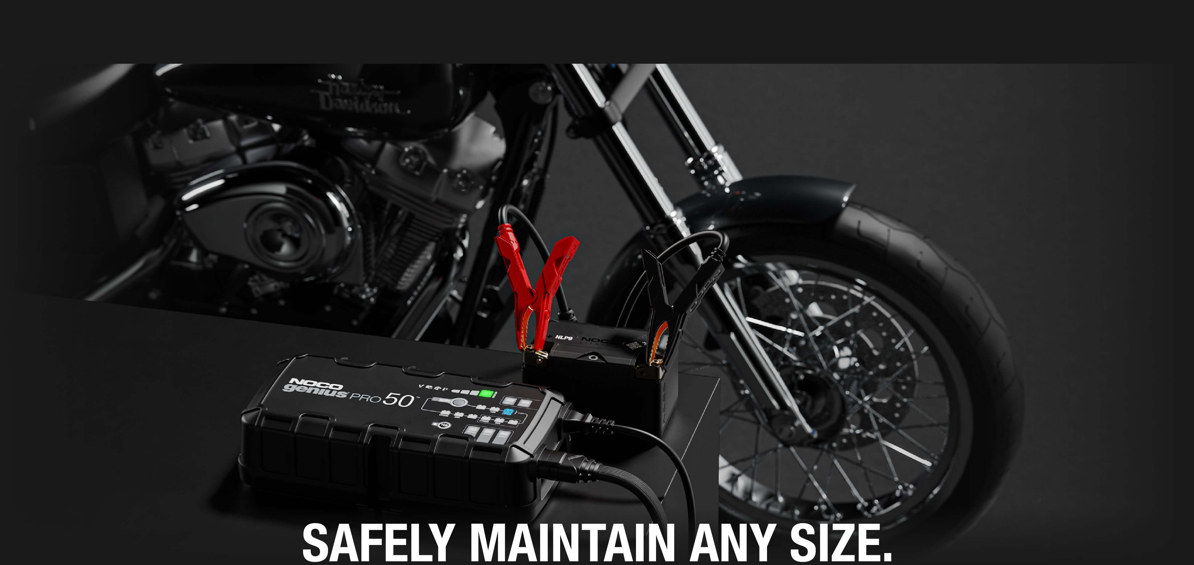 NOCO 50A Pro Battery Charger connected to motorcycle, demonstrating smart charging capabilities for Cabin Depot users.