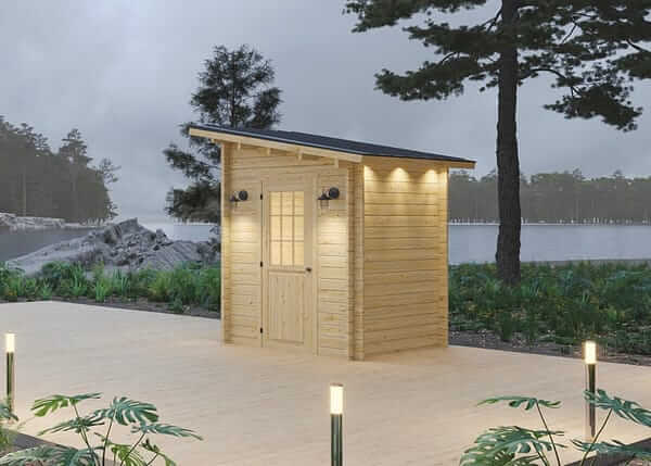 Loo Loo House Log Outhouse by Cabin Depot, versatile as outhouse, bus shelter, or ice hut, featured in scenic rustic setting.