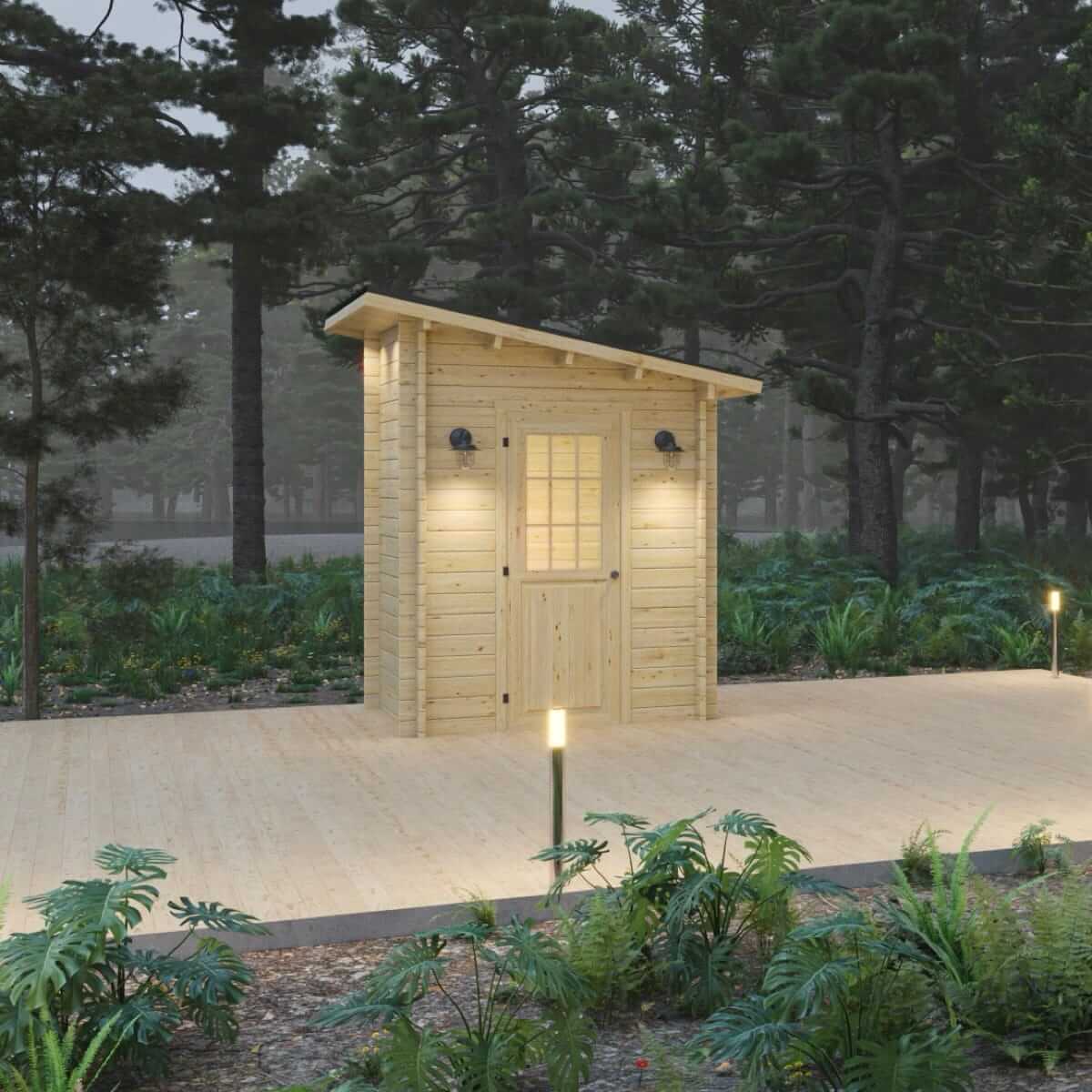Loo Loo House Log Outhouse on wooden deck, versatile structure by Cabin Depot, ideal as bus shelter, ice hut, or tiny shed.
