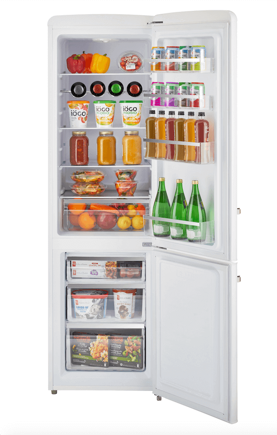 Unique Retro 10 cu/ft Solar Powered DC Fridge with Freezer stocked with beverages and food, available at Cabin Depot. Energy-efficient, off-grid.