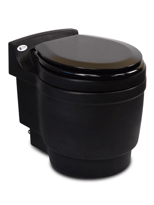 Laveo Dry Flush Portable Toilet in black, ideal for RV, camping, or small spaces, featuring waterless, chemical-free technology.