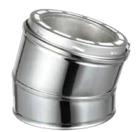 45-degree Summum Pro stainless steel elbow with locking bands, available at Cabin Depot, perfect for indoor and outdoor use.