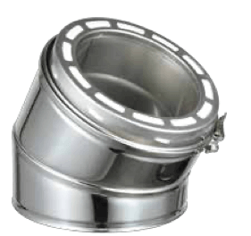 45-degree stainless steel elbow with locking band from Cabin Depot, certified CAN/ULC-S629-M87. Includes two pieces and hose clamps.
