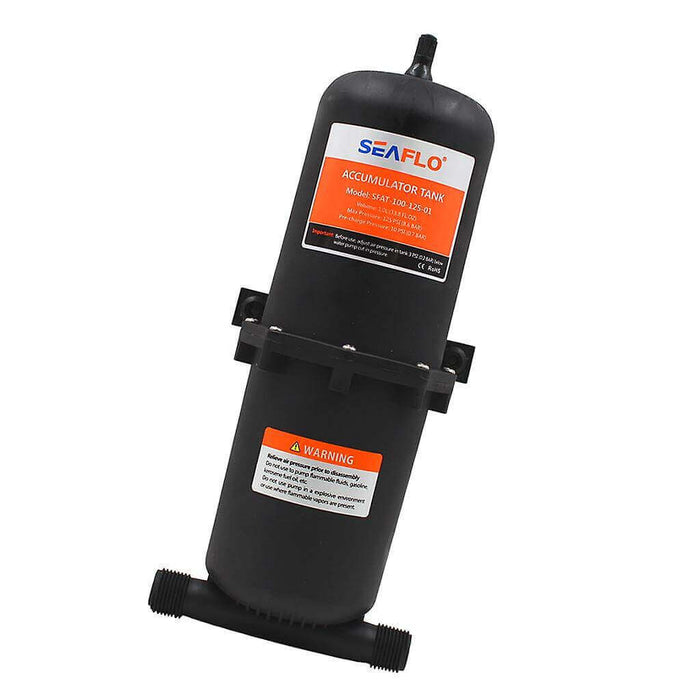 SEAFLO 1L Accumulator Tank for smoother flow and quieter pump, featuring a reservoir to absorb pressure fluctuations.