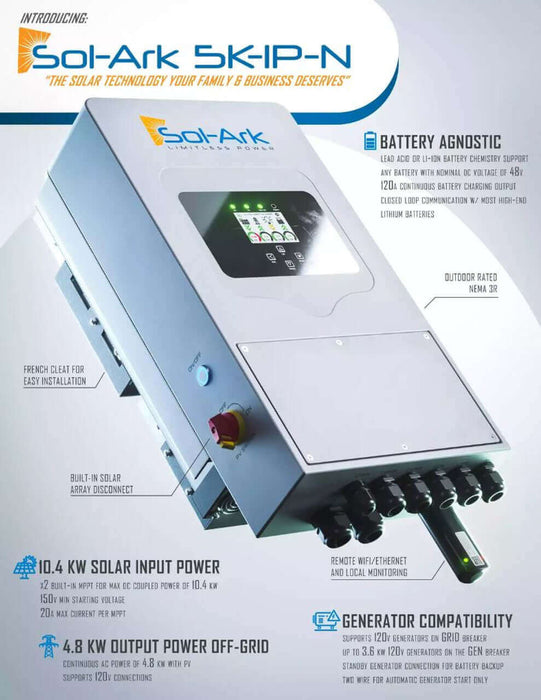 Sol-Ark 5,000W Hybrid Inverter with display and remote monitoring for solar, battery, grid, and generator compatibility.