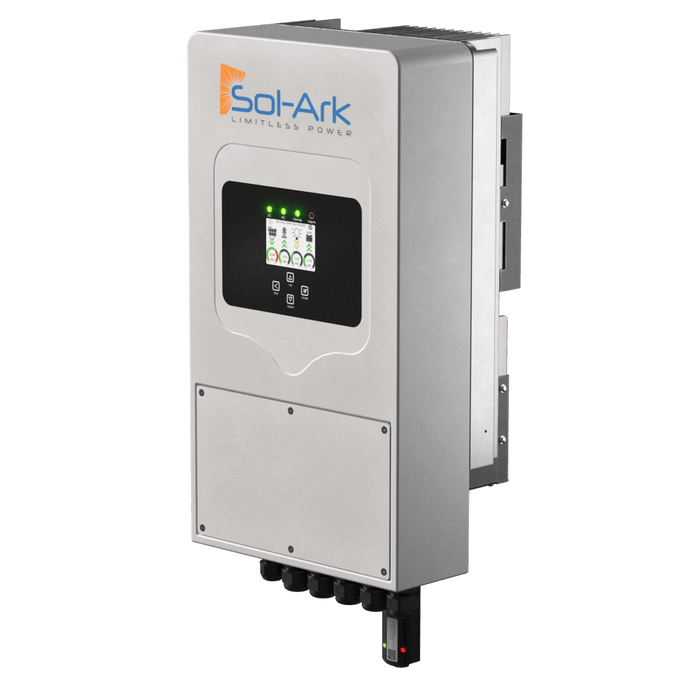 Sol-Ark 5,000W All-In-One Hybrid Inverter with display for solar power management and remote monitoring.