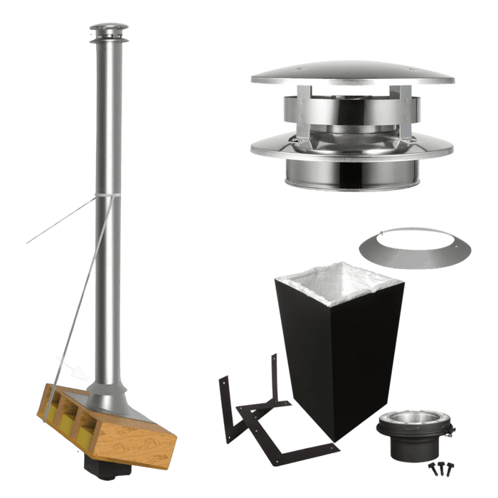 Summum Pro Cathedral Starting Kit components for chimney installation, including rain cap and insulated ceiling parts.