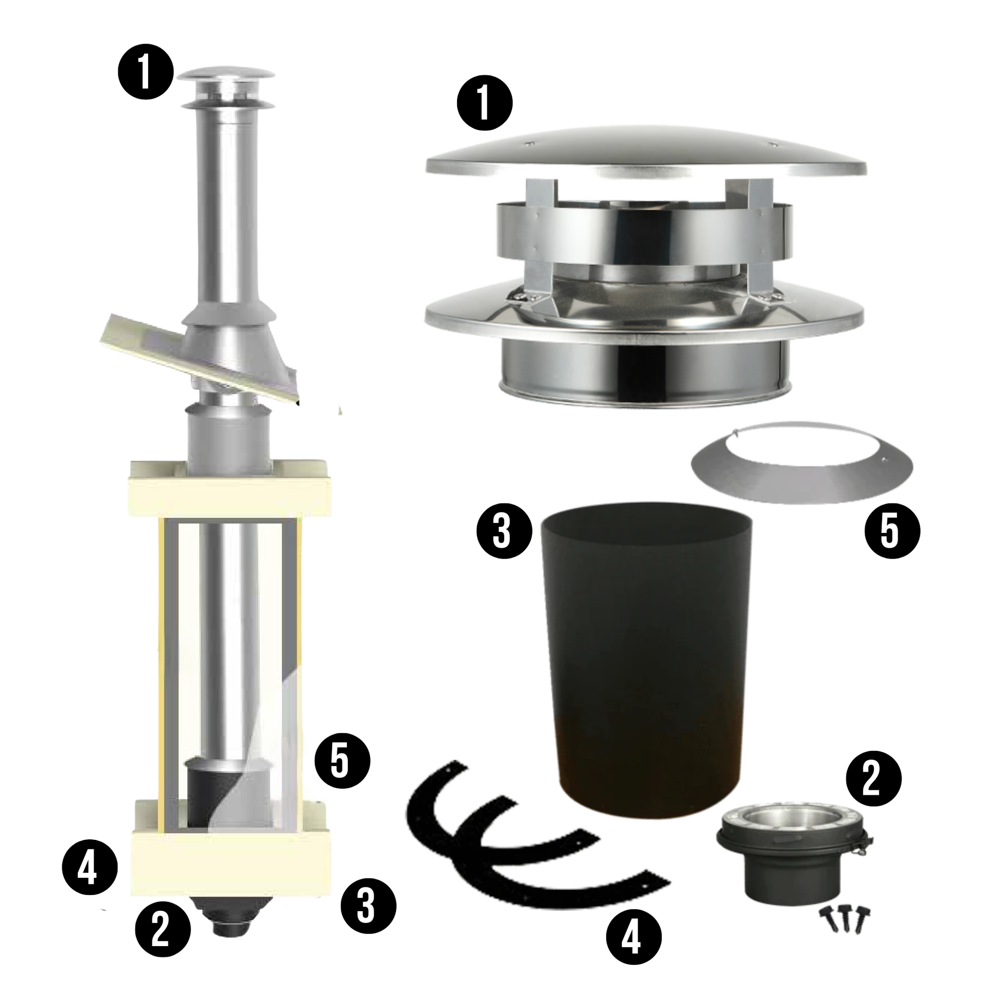 Summum Pro Indoor Starting Kit components for chimney installation by Cabin Depot, including rain cap and ceiling support.