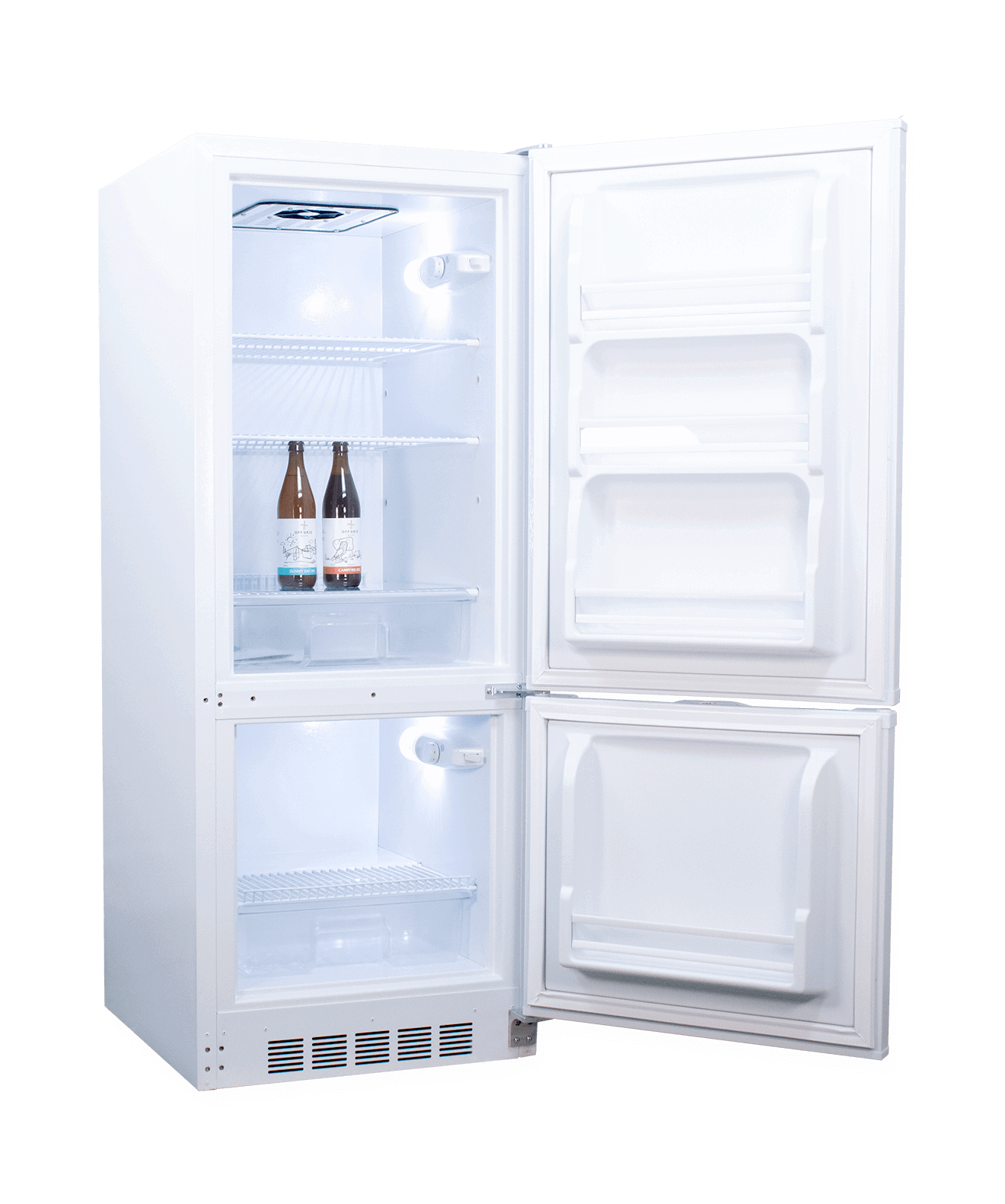 SunStar 10CU Solar DC/AC Refrigerator in white, energy-efficient cooling solution for cabins. Available at Cabin Depot.