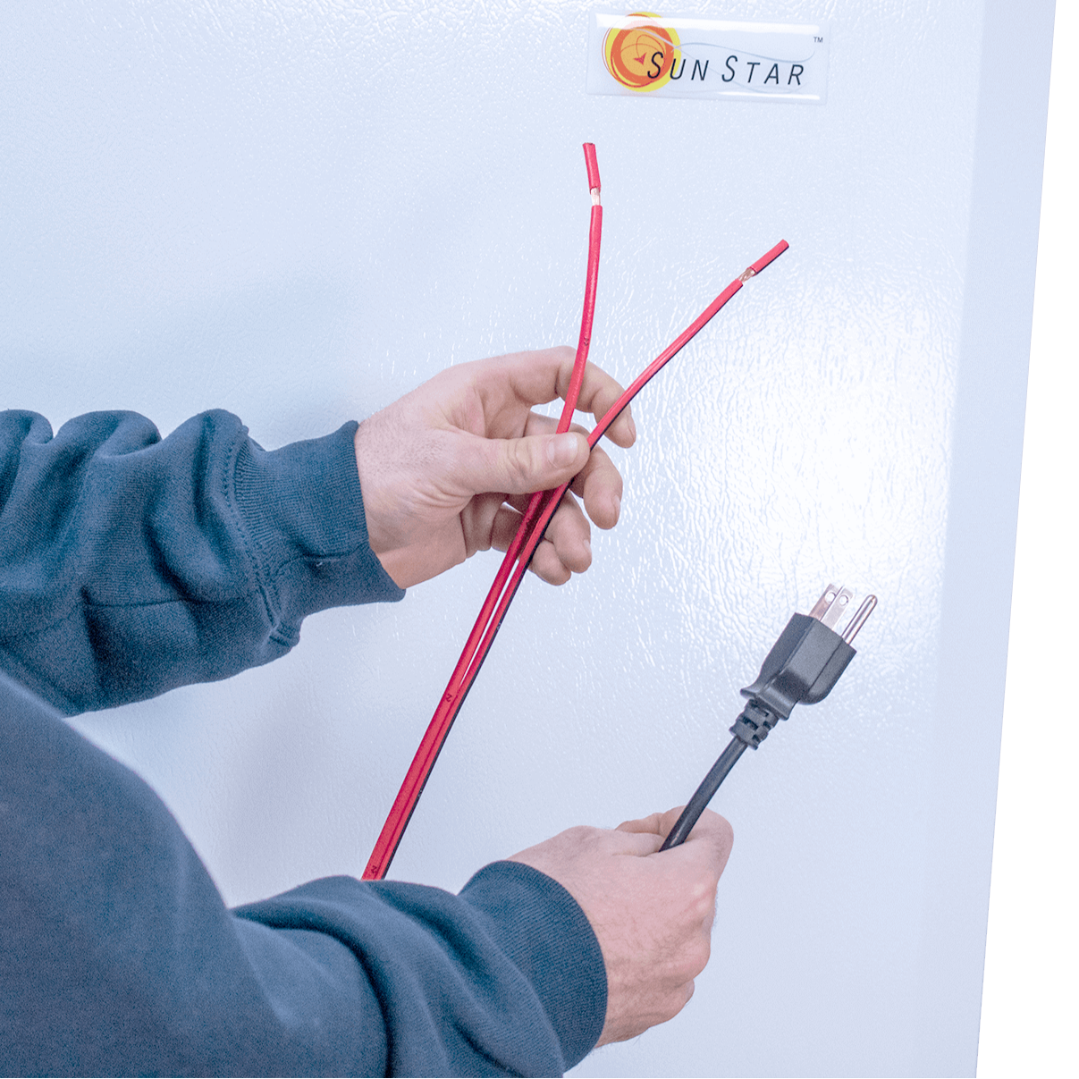 SunStar 10CU Solar DC/AC Refrigerator with power cords, available at Cabin Depot