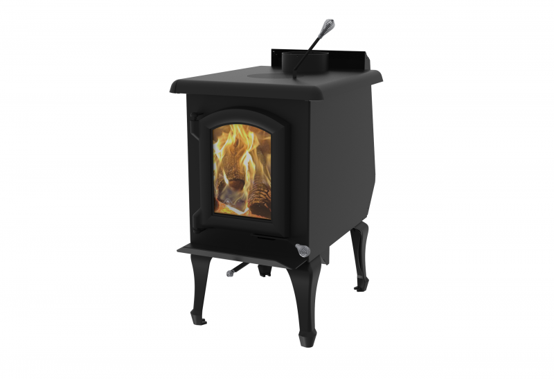 Black wood stove with visible fire inside on a white background