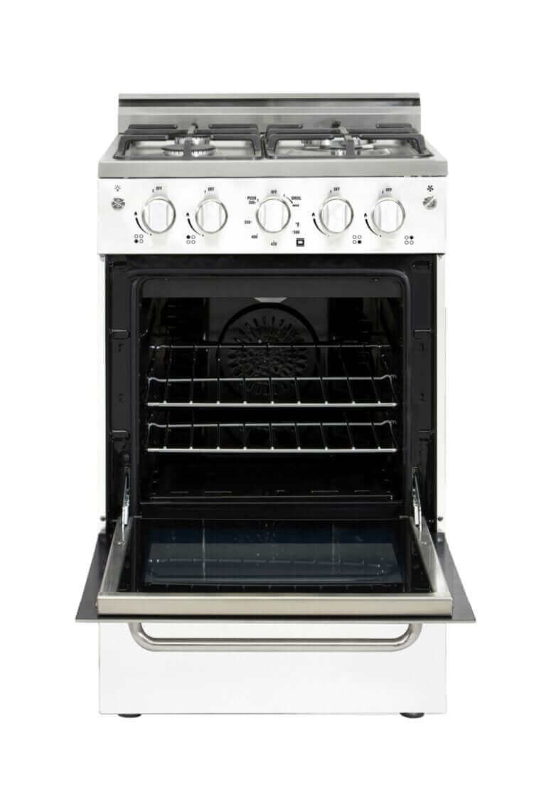 Unique Prestige 20" convection gas range with electronic ignition, available at Cabin Depot. Stainless steel, cast-iron grates.