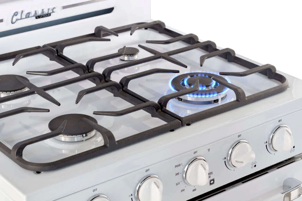Classic Retro Off-Grid Propane Range with Battery Ignition, Cabin Depot exclusive 30-inch stove, vintage style cooktop.
