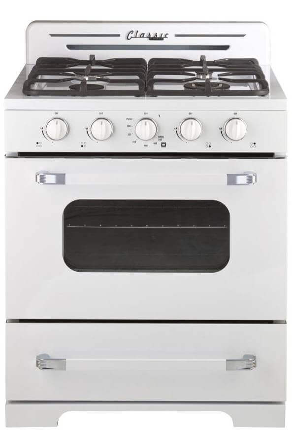 30-inch Classic Retro White Propane Range with Battery Ignition, perfect for off-grid cabins. Available at Cabin Depot.