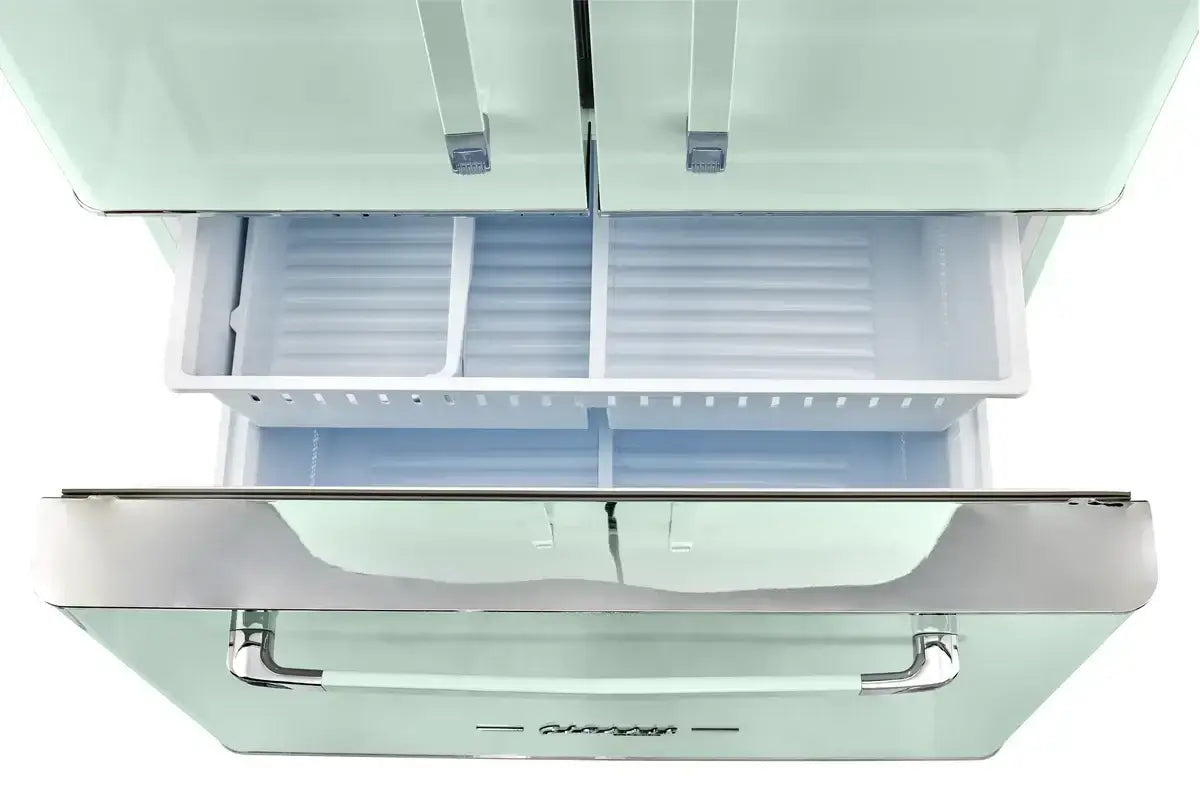 Open freezer drawer of Unique 21.4 Cu/Ft 595L French Door Refrigerator from Cabin Depot, showcasing spacious frost-free design.