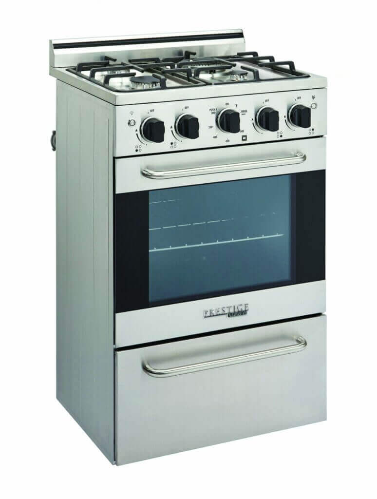 Unique Prestige 20" stainless convection gas range with electronic ignition, available at Cabin Depot; convection heat and cast-iron grates.
