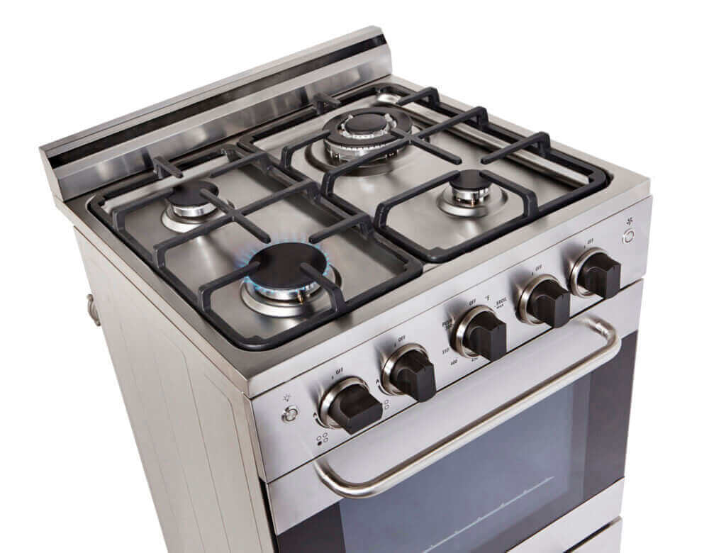 Unique Prestige 20" Convection Gas Range from Cabin Depot with stainless steel design, electronic ignition, cast-iron grates, sealed burners.