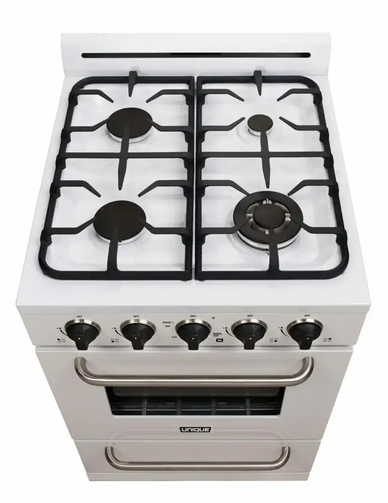 Unique 24" Classic Propane Range with cast-iron grates, perfect for off-grid use at Cabin Depot. Battery ignition, includes NG conversion kit.
