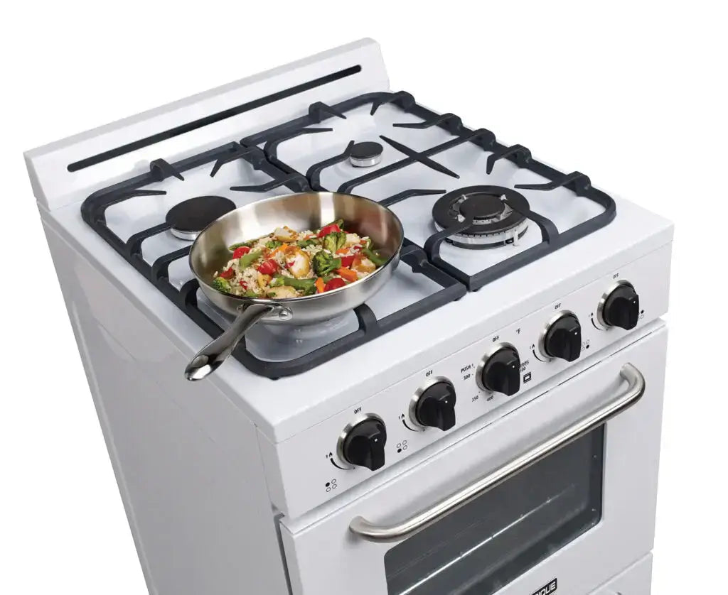 Unique 24" Classic Propane Range with cast-iron grates, off-grid ignition, available at Cabin Depot for efficient cooking.
