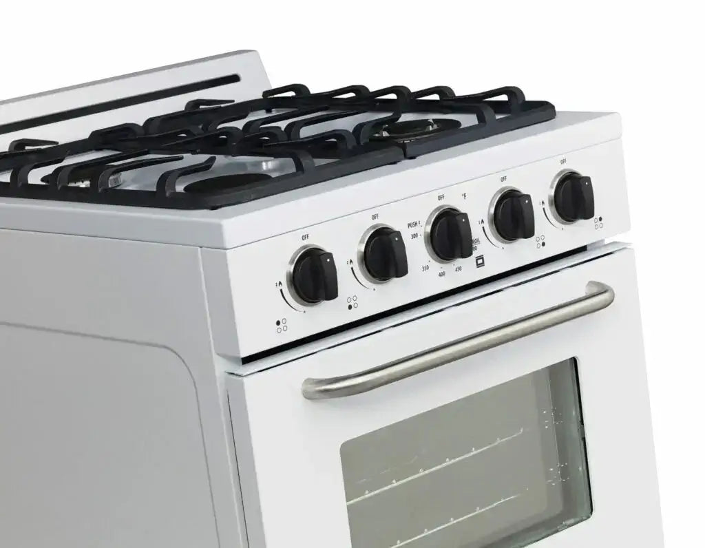 Unique 24" Classic Propane Range for off-grid cabin use available at Cabin Depot, featuring cast-iron grates and sealed burners.