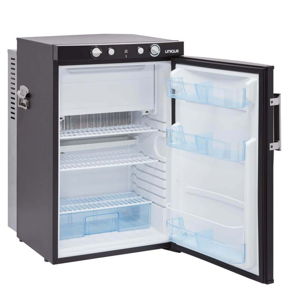 Unique 3 Cu/Ft Propane Fridge with Freezer, 110V/12V/LPG, Cabin Depot, open door view showing interior shelves and compartments.