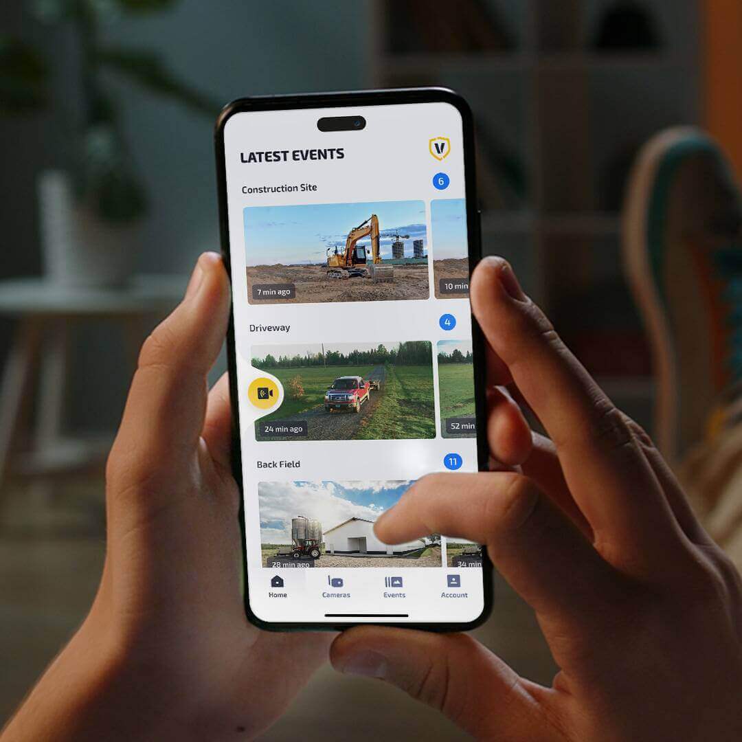 Mobile app displaying live security footage from Vosker V300 4G-LTE camera for cabins, by Cabin Depot.