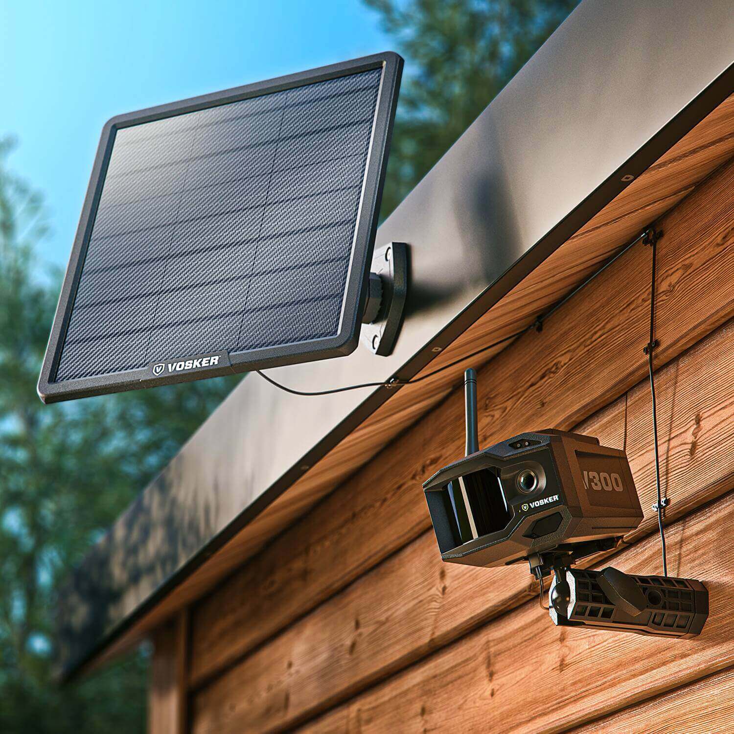 Vosker V300 Ultimate 4G-LTE Security Camera with Solar Panel at Cabin Depot in Canada, mounted on a wooden wall.