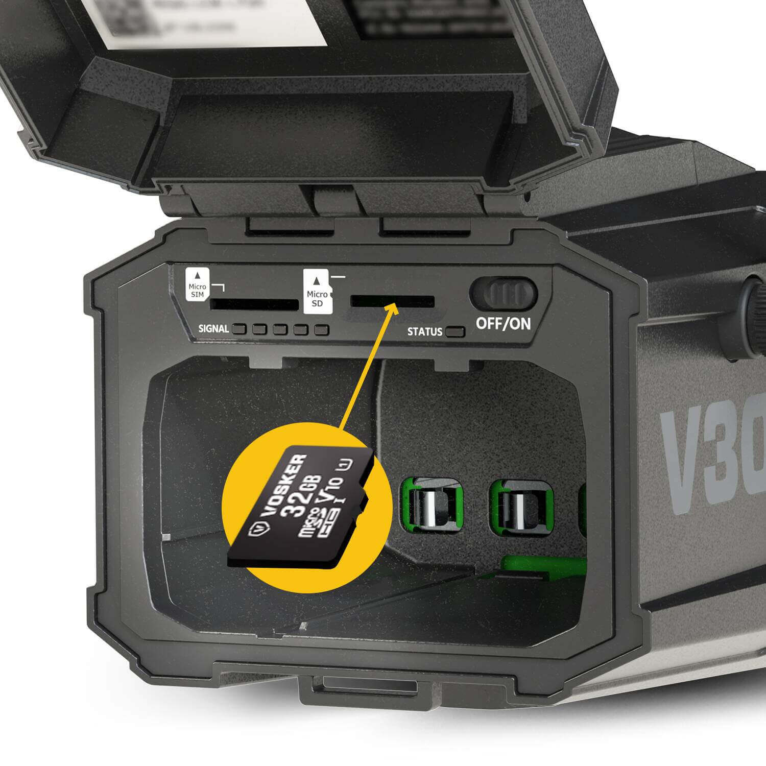 Vosker V300 4G-LTE Security Camera SD card slot detail - Cabin Depot