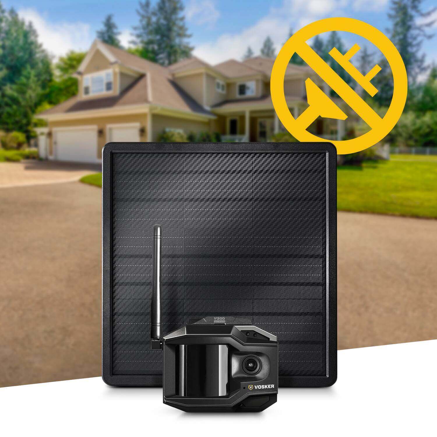 Vosker V300 solar-powered security camera with 4G-LTE and external solar panel for Canadian outdoor use, available at Cabin Depot.