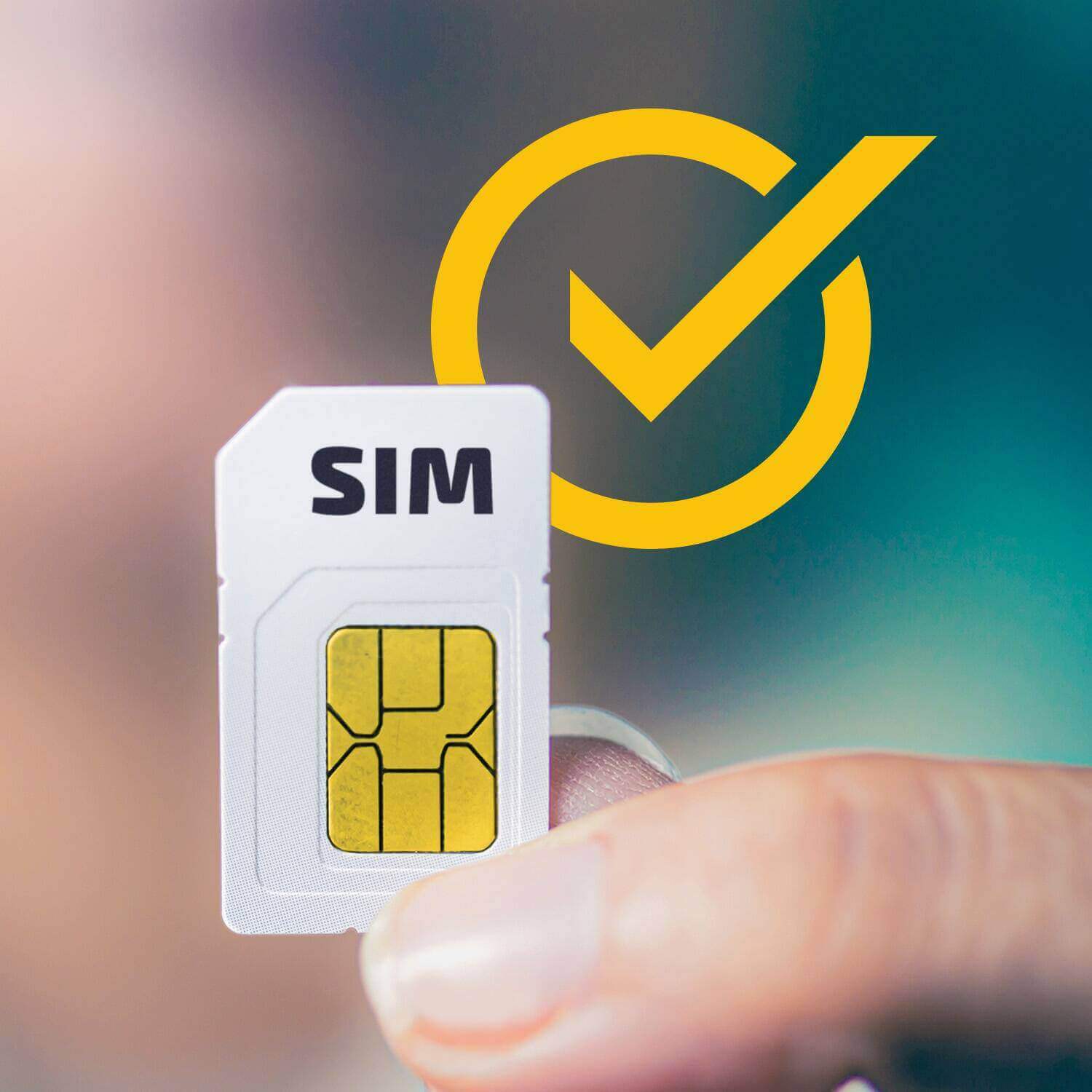 SIM card held with yellow check mark in background for connectivity.