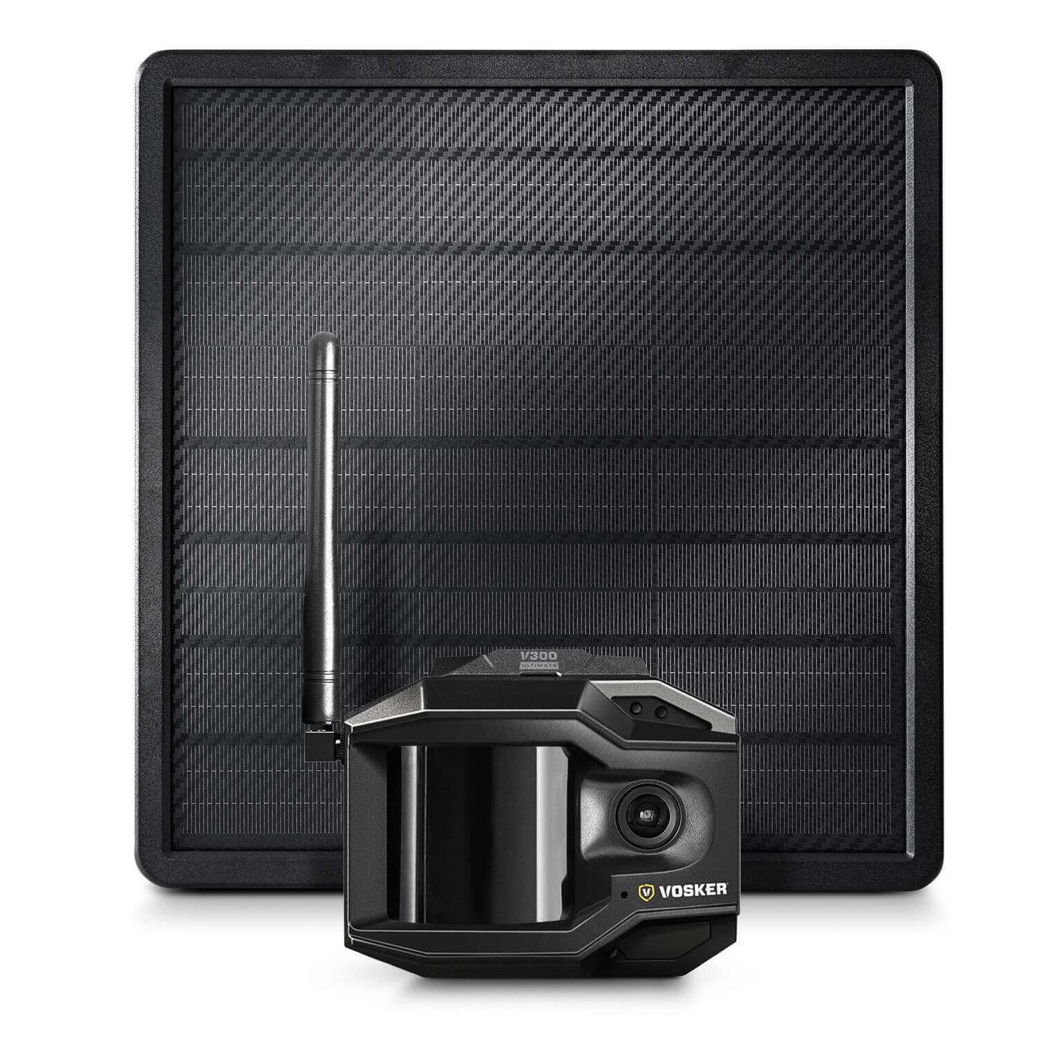 Vosker V300 4G-LTE security camera with solar panel, available at Cabin Depot Canada for outdoor wireless surveillance.