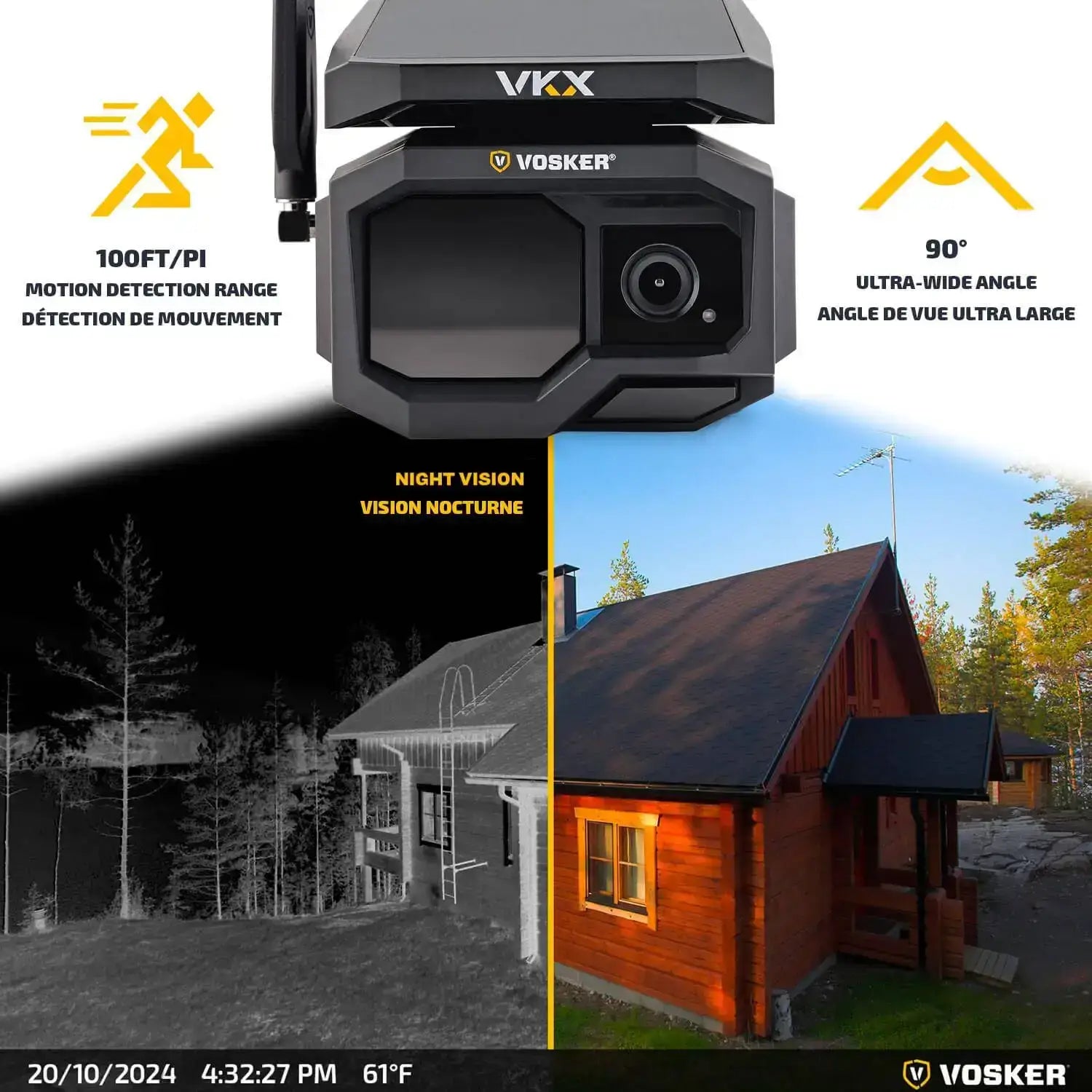 Vosker VKX-CA Cellular Security Camera by Cabin Depot with 100ft motion detection, night vision, and 90° ultra-wide angle.