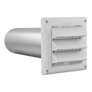 Imperial 4" White Intake Hood with louver design from Cabin Depot for venting, pest guard, UV-resistant, and paintable feature.