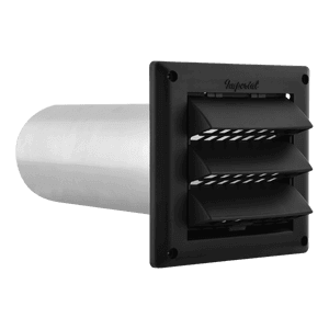 Imperial 4" Black Intake Hood with pest guard from Cabin Depot, designed for optimal airflow and UV resistance.