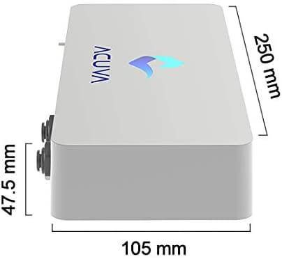 Acuva ArrowMax 1.2 UV-LED Water Purifier dimensions shown in millimeters for compact design verification.