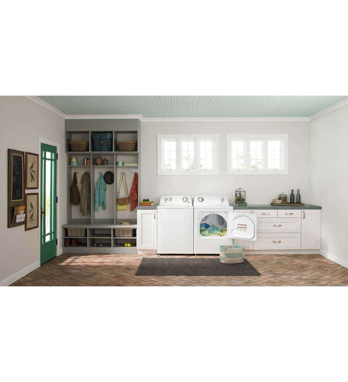 Spacious laundry room featuring Amana Propane Clothes Dryer from Cabin Depot, equipped with energy-saving Automatic Dryness Control.