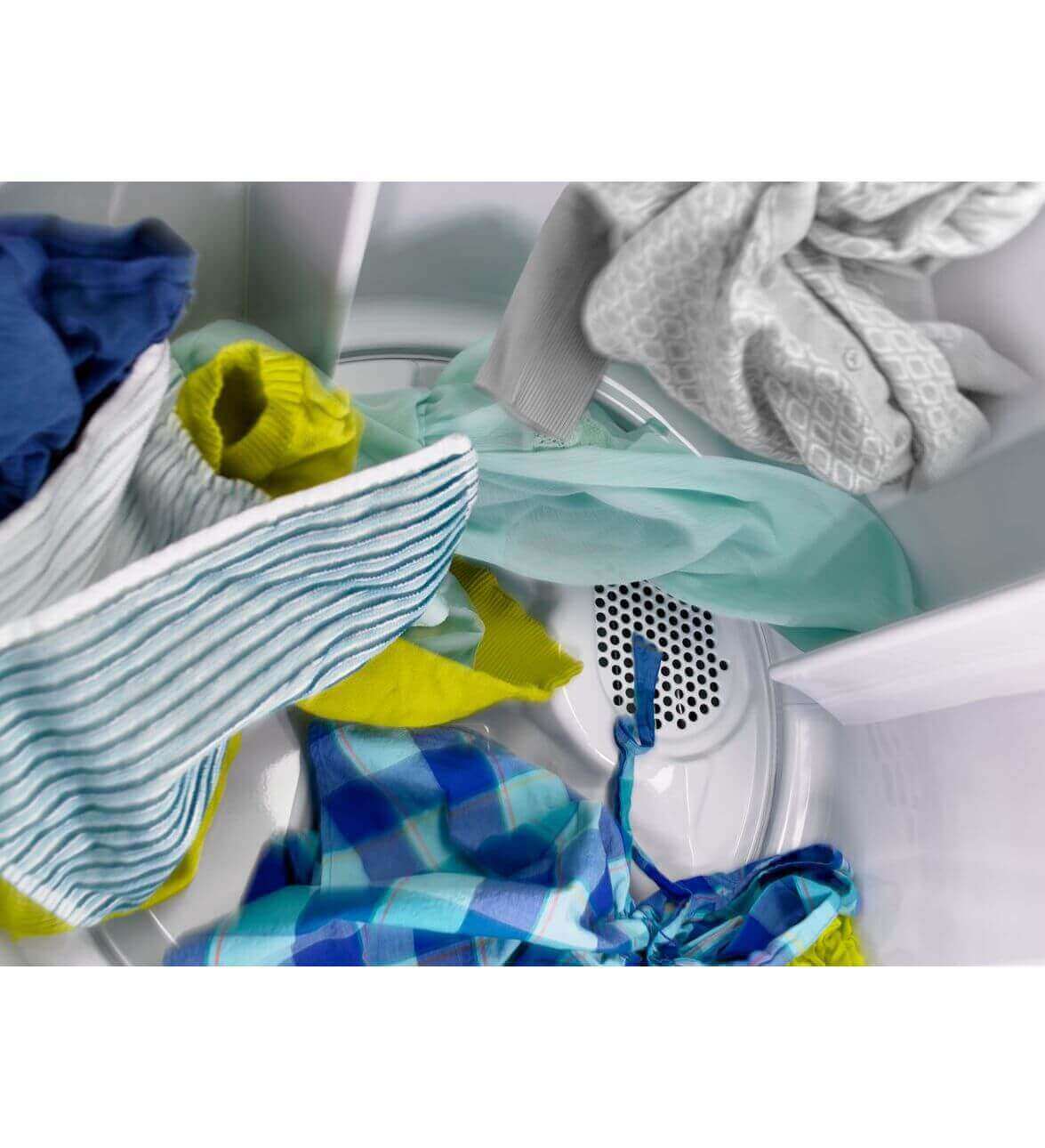 Amana Propane Dryer interior with clothes - Cabin Depot