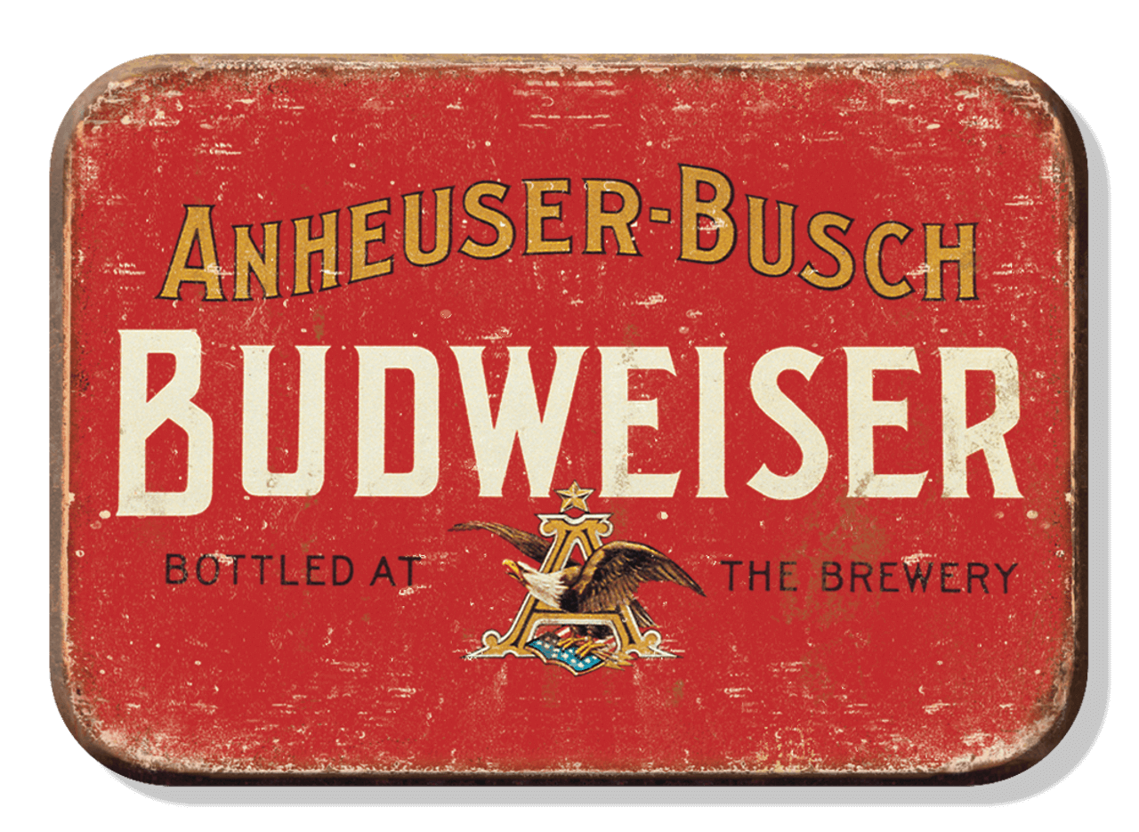 Vintage Budweiser sign with Anheuser-Busch logo, featuring rustic red background and decorative border.